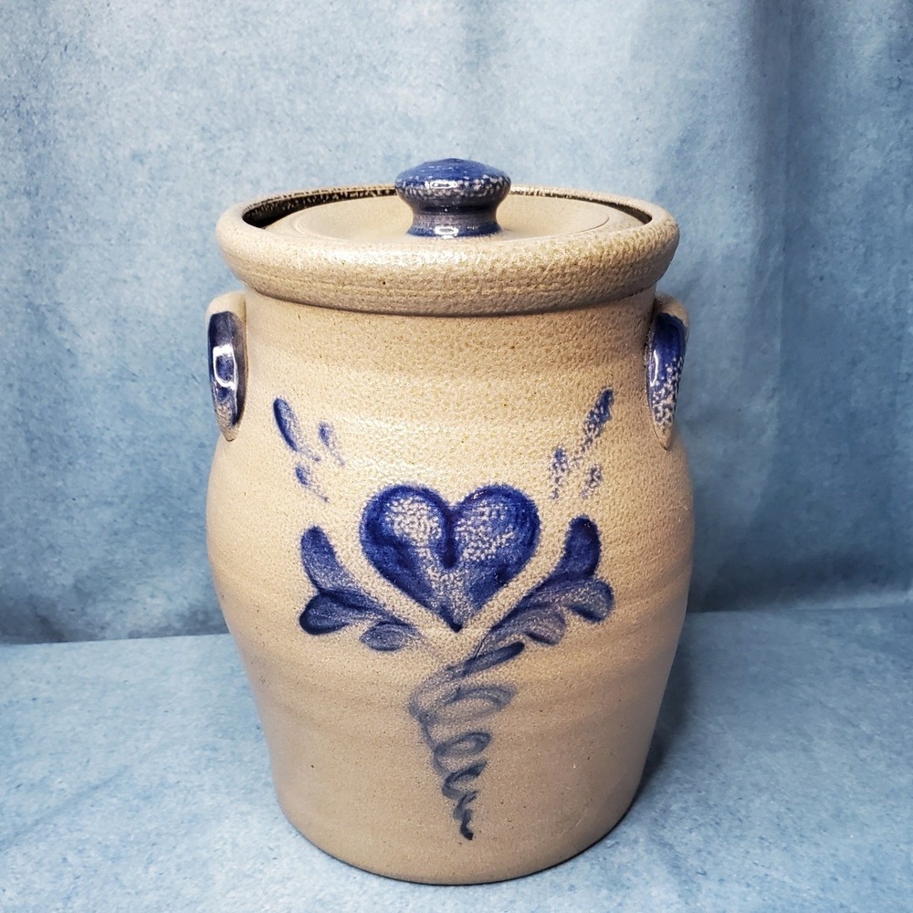 Vintage Rowe Pottery Works Salt Glaze Canister Crock w/Lid Blue Heart Motif 1999